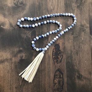 Blue & White Knotted Tassel Necklace - Evereve